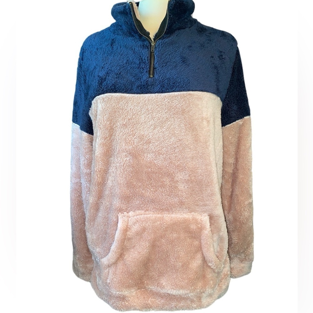 Doublju pullover fuzzy fleece feel 1/4 zip colorblock long sleeve comfy Sz large